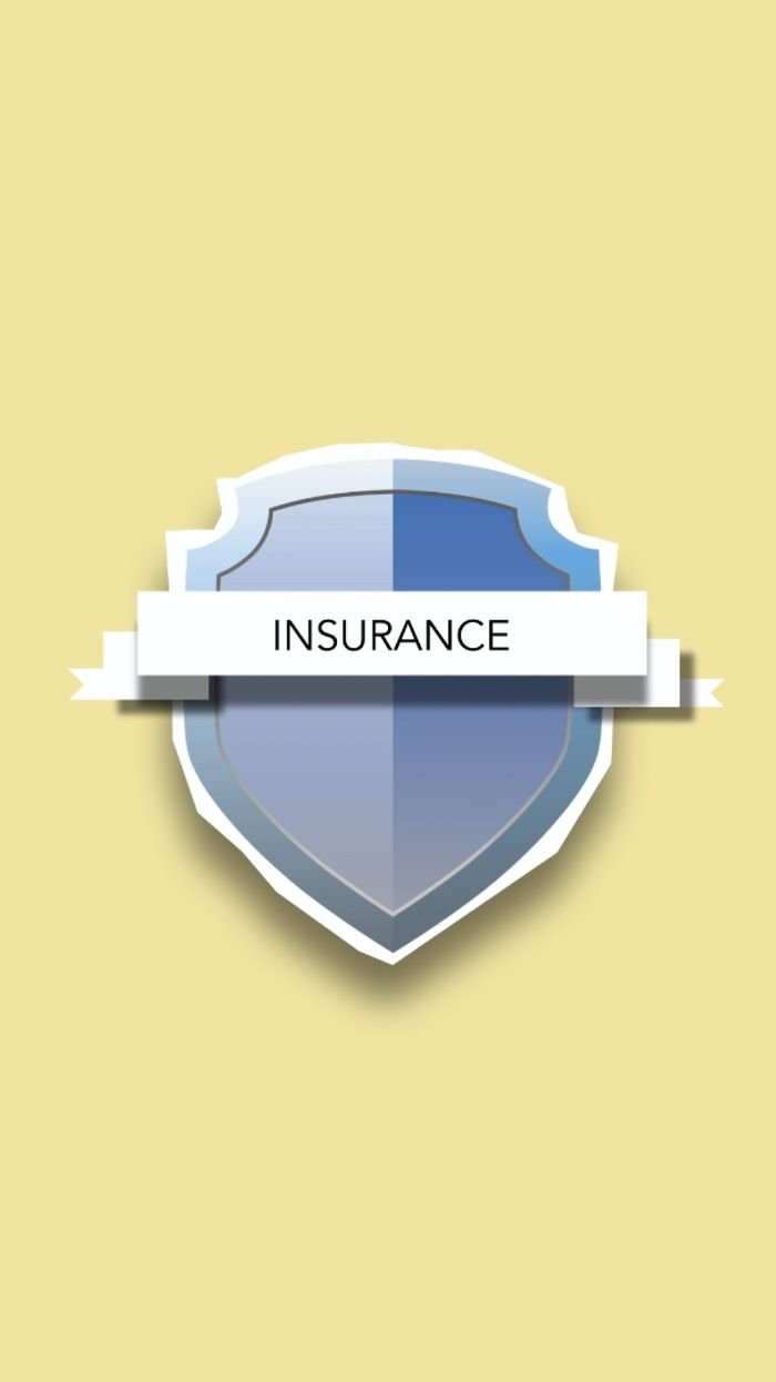 about-us Blue shield graphic with insurance label on yellow background.